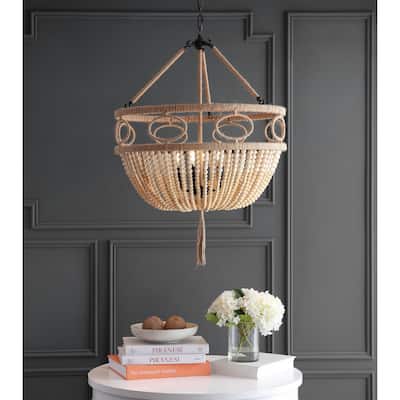 SAFAVIEH Lighting Hiltrud Adjustable 4-Light Led Beige Beaded Chandelier - 24.5"x24.5"x38-110" - Brown Wooden Finish/Dark Grey