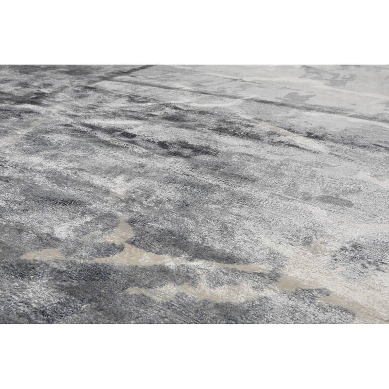 Hand Knotted Designer Tone On Tone, Gray Tibetan Bamboo Silk Area Rug - 9' 2'' x 12' 2''