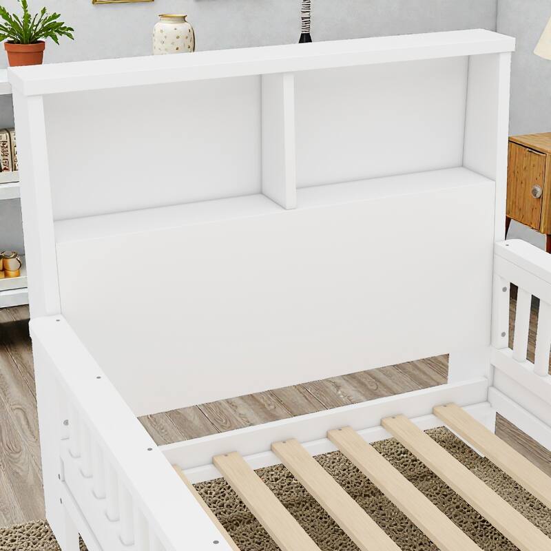 Twin Platform Bed with Storage Headboard, Safety Guardrails and Pull-Out Convertible Sofa/Playpen Design