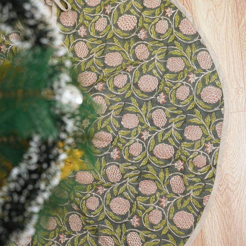 Fabdivine Hand Block Floral Soft Pure Linen Fabric Home Décor Christmas Tree Skrit