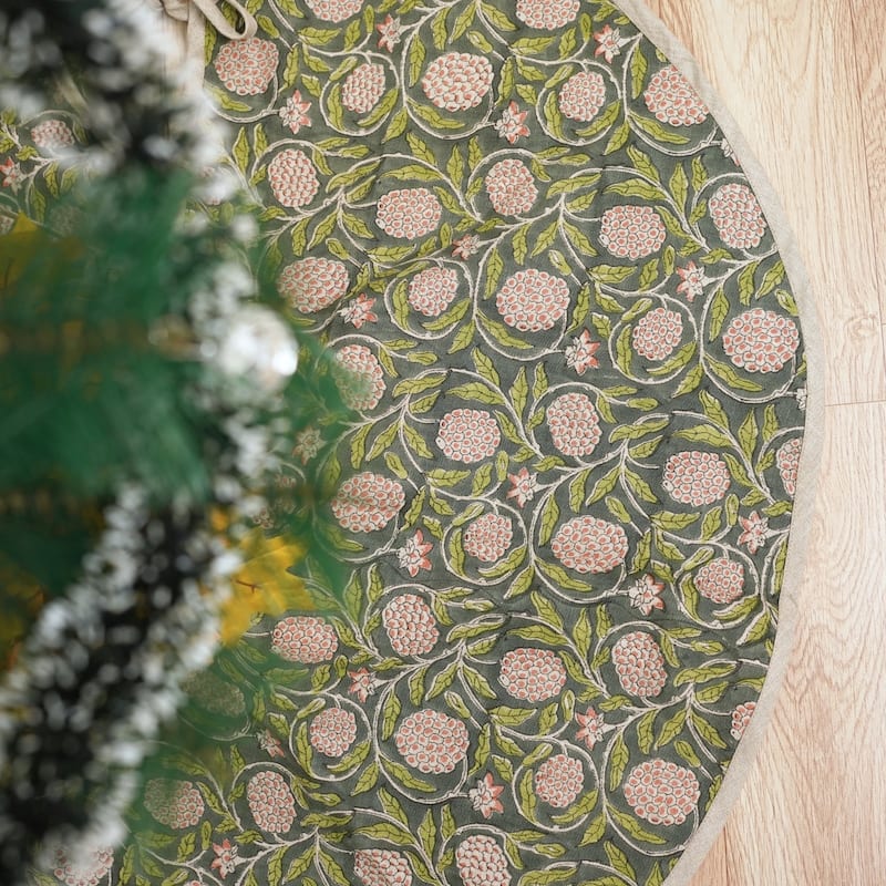 Fabdivine Block Print Linen Blend Home Decor Christmas Tree Skrit - 48" - Morpankh- Red, Green, Yellow - Rustic/Modern & Contemporary/Farmhouse