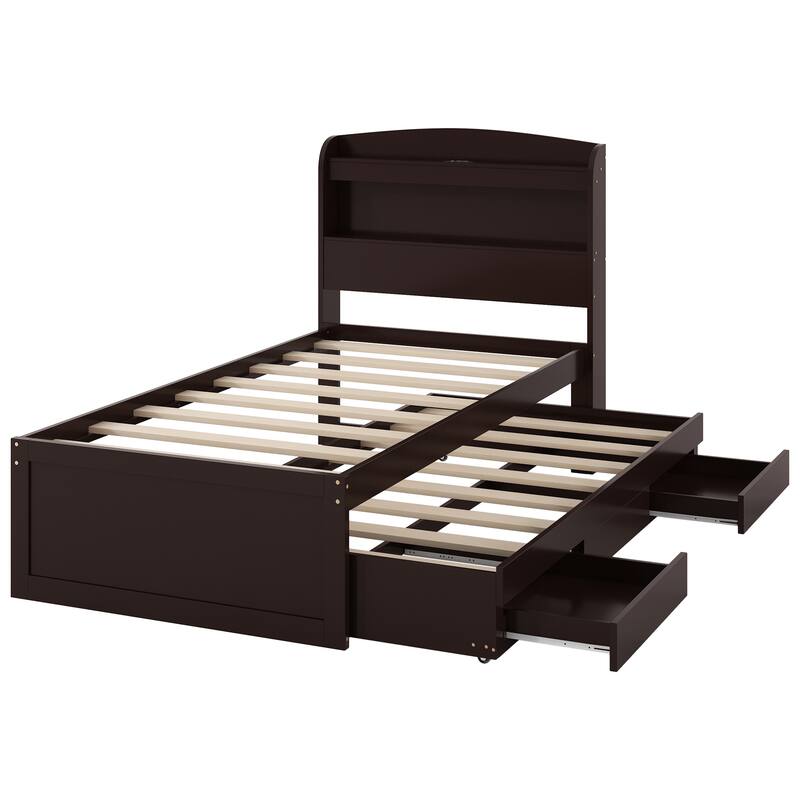 Twin XL Platform Bed with Storage, LED Headboard, Charging Station, Trundle, and Drawers, Dark Brown