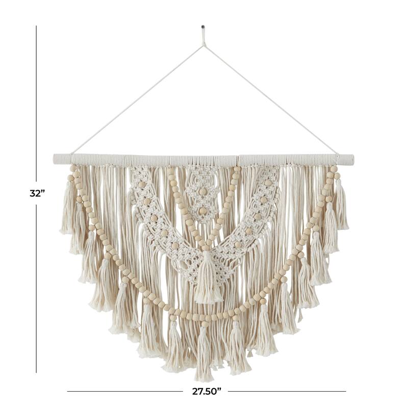Cotton Fabric Macrame Handmade Woven Home Wall Decor with Brown Beaded Accents - White - Roche River Decor