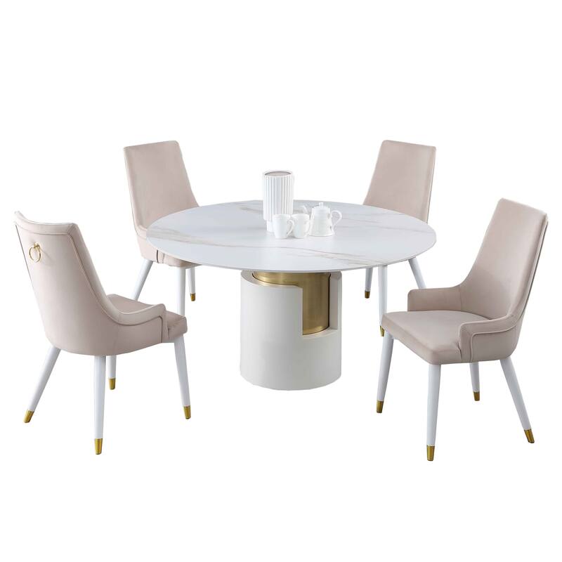 Somette Kona Marbleized Dining Set with Beige Velvet Upholstered Chairs