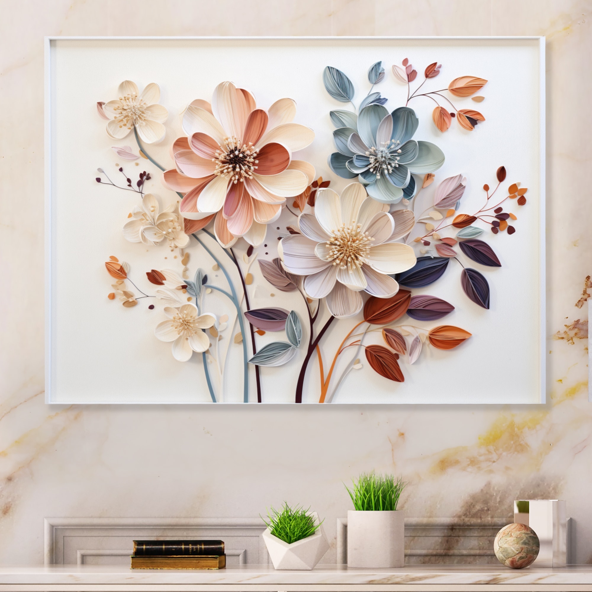 Designart "White Botanical Collage" Abstract Botanicals Metal Wall Art Living Room