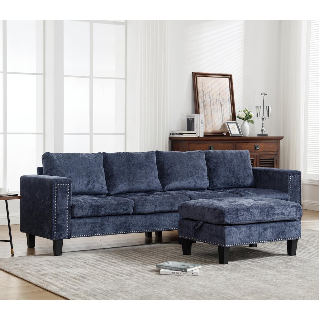 5 Seat Modular Blue Chenille Sofa with Storage Ottoman
