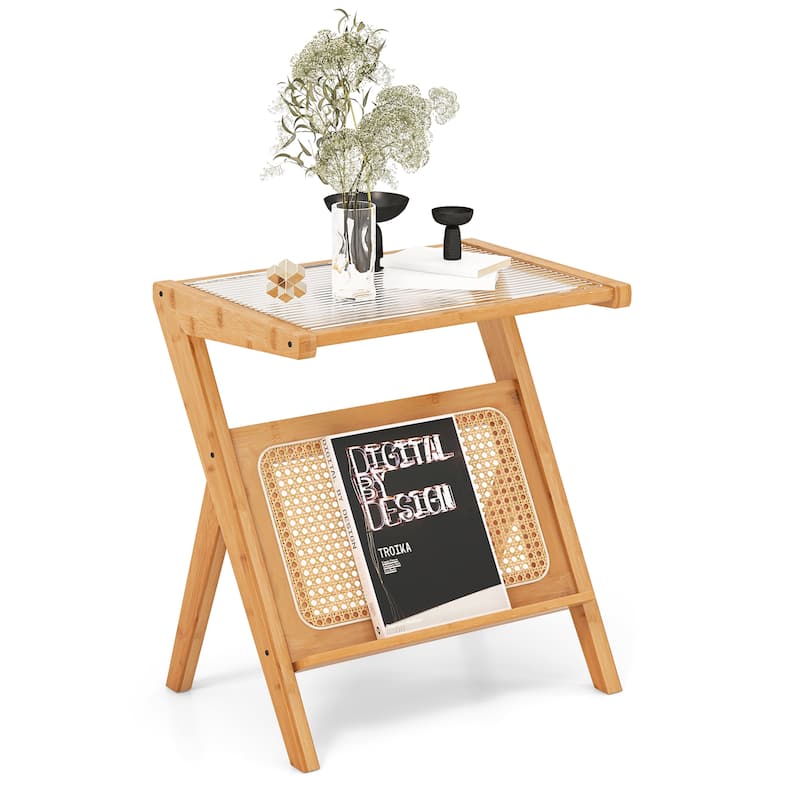 Gymax 2 Pieces Boho End Table with Magazine Rack Versatile Bamboo