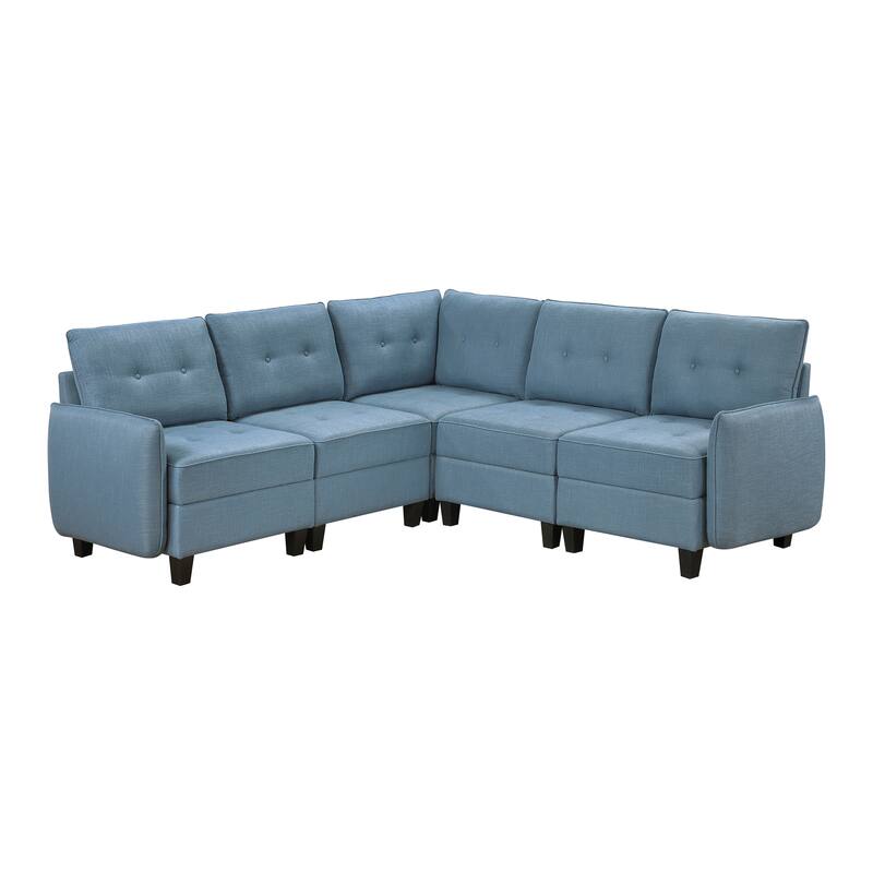 Dorian Textured 5-Piece Sectional Sofa - Storage, Button-Tufted - Blue