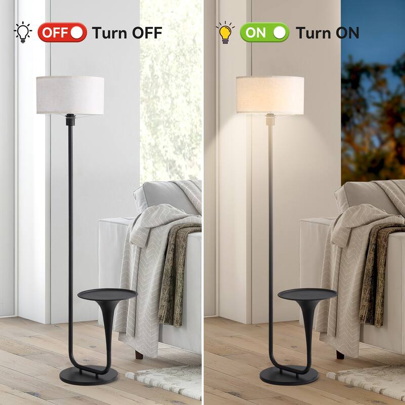 58 Inches Modern Bright Floor Lamp with Table and Beige Fabric Drum Shade - 58 Inches