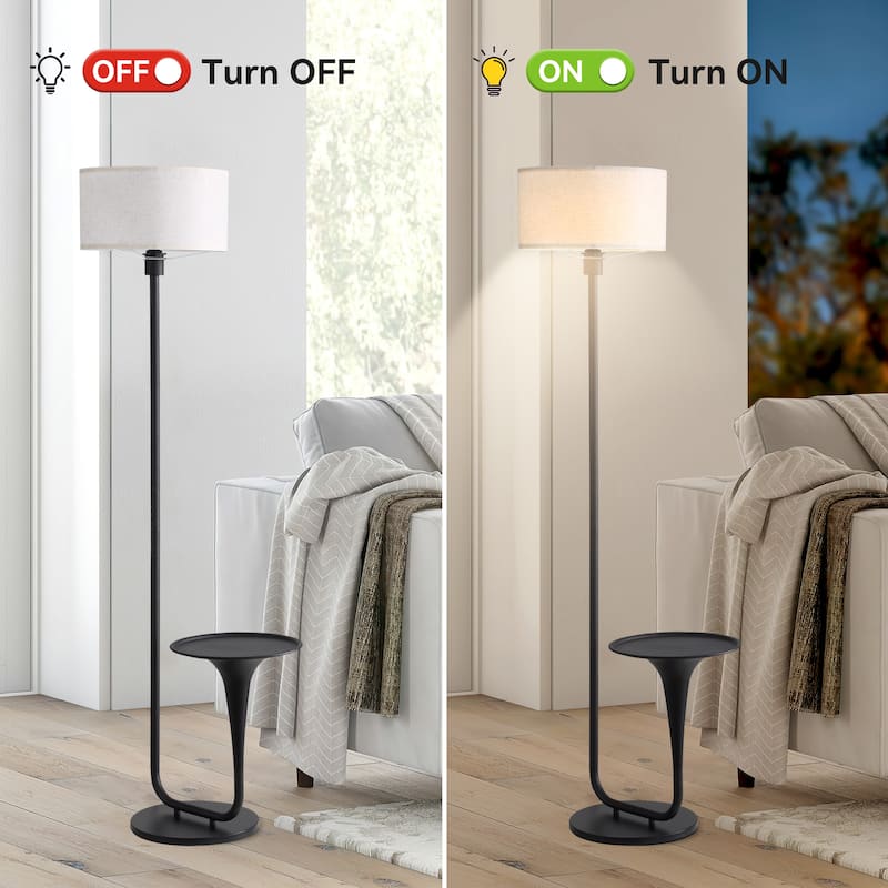Anmytek Modern LED Floor Lamp with Integrated Side Table, Matte Black Metal Frame & Linen Drum Shade for Living Room