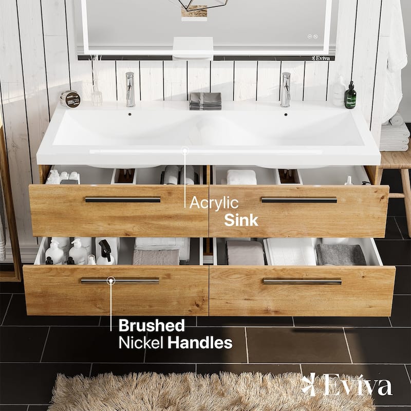 Surf 57"W Natural Oak DS Bath Vanity with Acrylic Top & Integrated Sinks