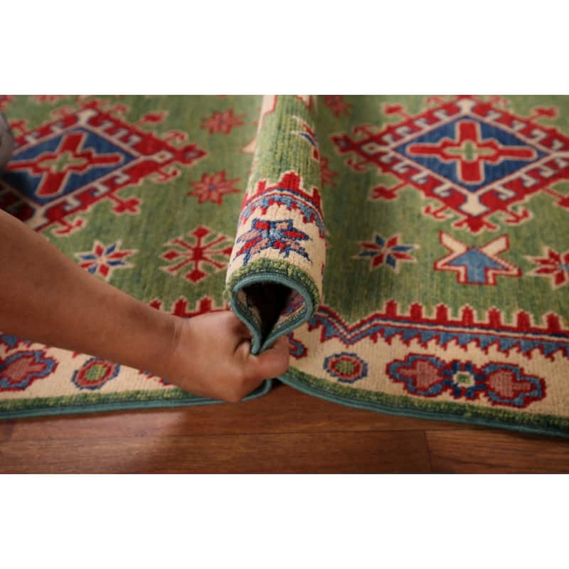 Green Oriental Geometric Kazak Foyer Rug Hand-Knotted Wool Carpet - 2'7" x 4'5"