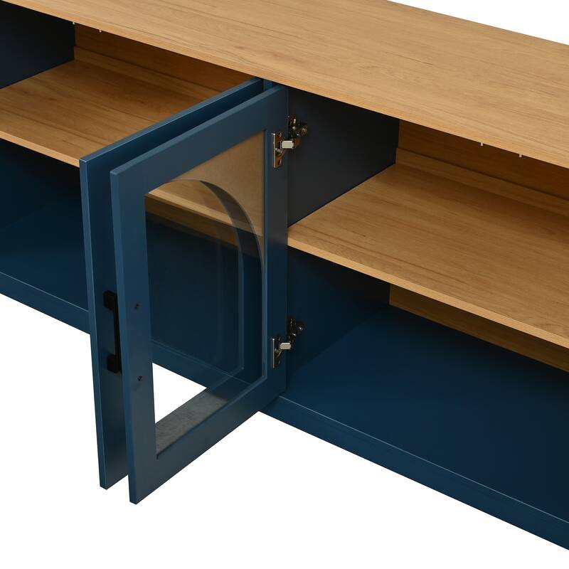 Farmhouse TV Stand for TVs up to 70" with Semi-Arched Glass Doors, Two-Tone Media Console with Adjustable Shelves