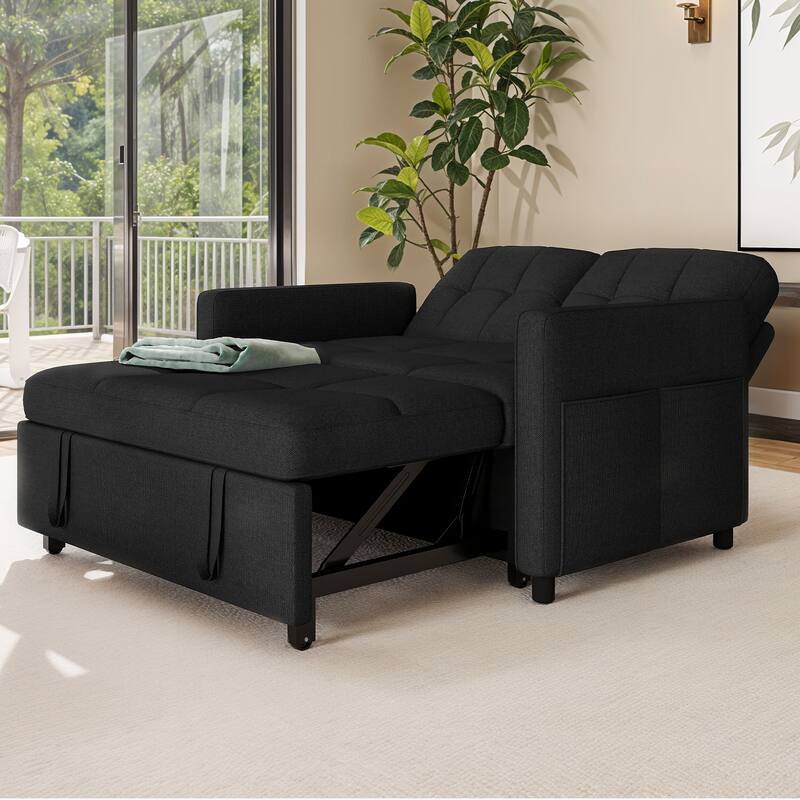 3-in-1 Sleeper Sofa with Iron Frame Pull-Out Bed, Linen Futon Couch with Reclining Backrest and Side Pocket
