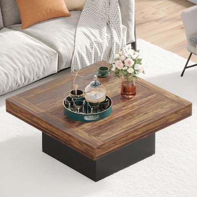 35.4” Square Rustic Wooden Coffee Table with LED Light for Living Room or Bedroom Furniture - 35.4”L x 35.4”W x 17.7”H