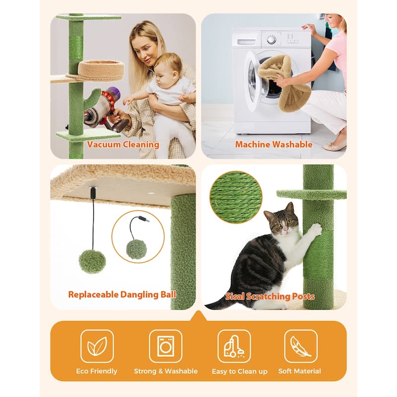 Floor to Ceiling Adjustable Height Cat Tree, 5 Levels Cactus Cat Tower with Cat Perch & Replaceable Hammock