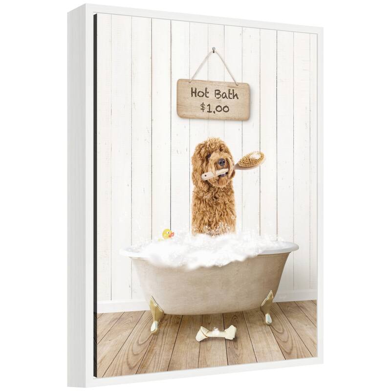 Kate and Laurel Sylvie Golden Labradoodle in Hot Bath Framed Canvas by Amy Peterson - 18x24