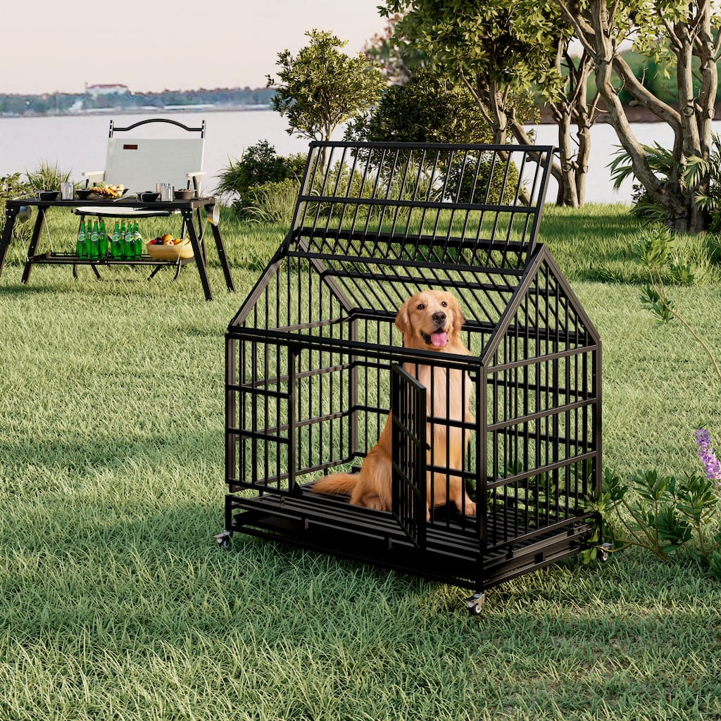 48 Inch Heavy Duty Dog Crate with Wheels, Folding Big Dog Cage for Large and Medium Dogs with a pointed roof and Removable Tray