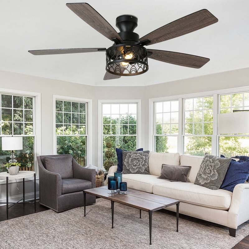 Cusp Barn 52-In Farmhouse Flush Mount Ceiling Fan with Lights and Remote Control, Black Caged Low Profile Chandelier Ceiling Fan