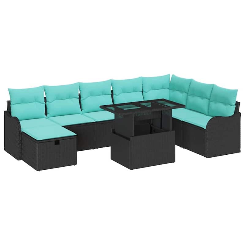 vidaXL 9 Garden Sofa Set with Cushions Black/Brown/Grey Poly Rattan - 113.2 x 73 x 27.2