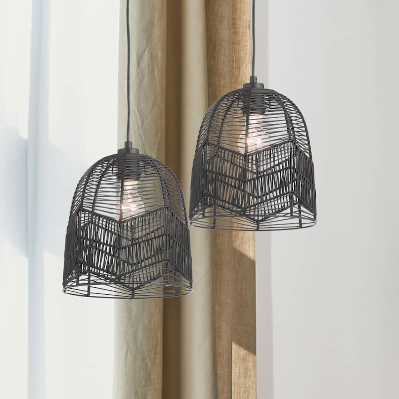 Henrietta River of Goods Black Metal and Woven Rattan Hanging Pendant Light - 9.875" x 9.875" x 13/61"