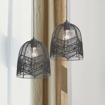 Henrietta River of Goods Black Metal and Woven Rattan Hanging Pendant Light - 9.875" x 9.875" x 13/61"