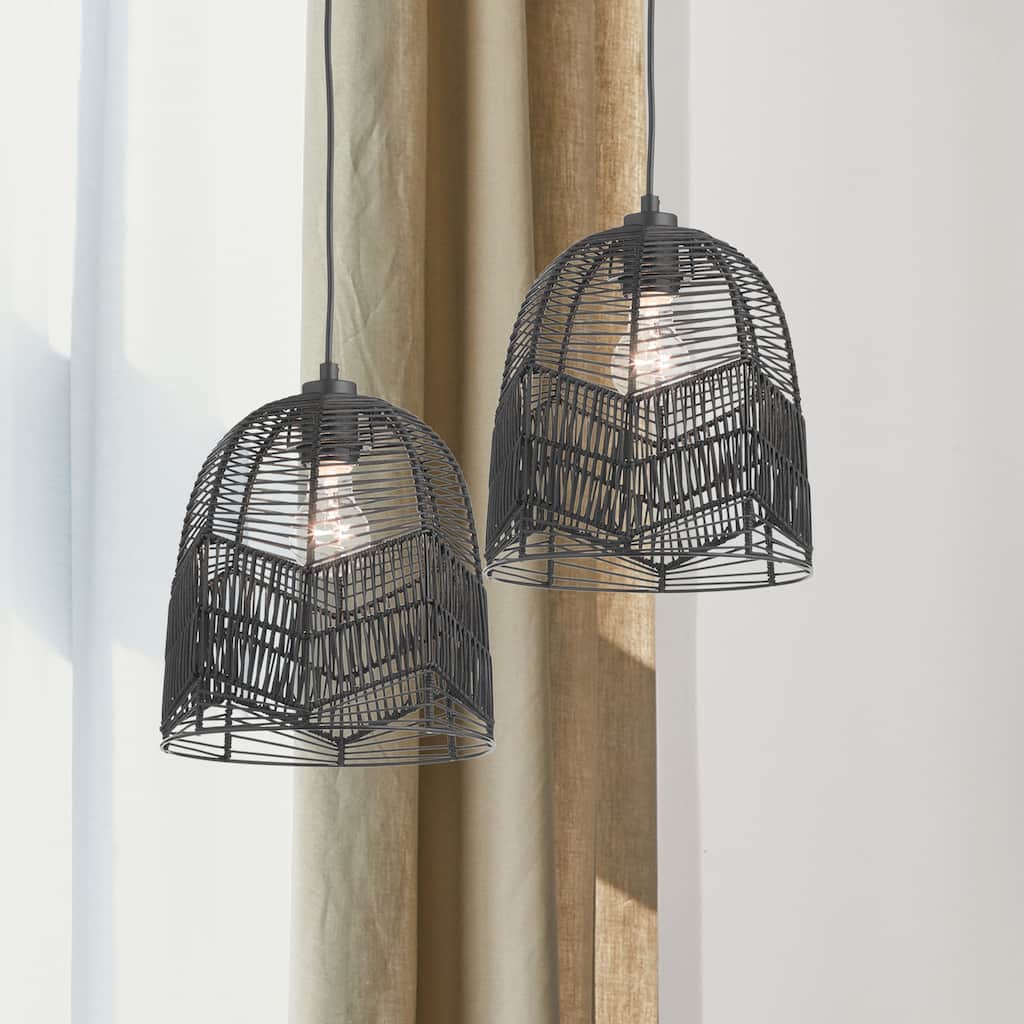 Henrietta River of Goods Black Metal and Woven Rattan Hanging Pendant Light - 9.875" x 9.875" x 13/61"
