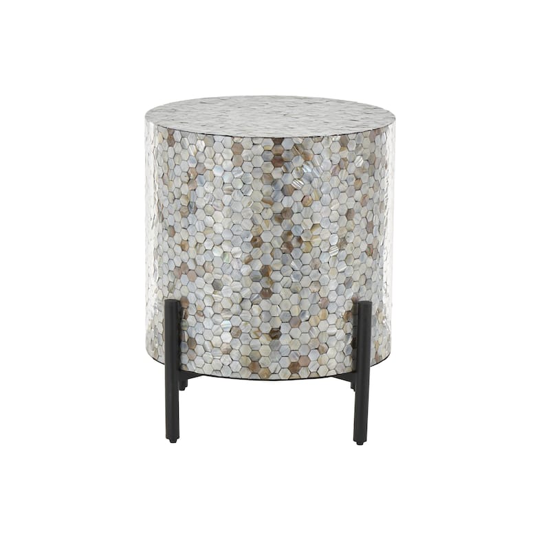 Mother of Pearl Shell Geometric Handmade Mosaic Inlay Accent Table with Black Metal Legs - Multi Colored - Roche River Decor