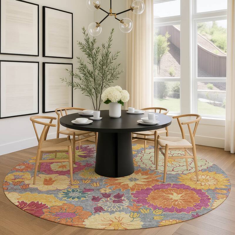 Machine Washable Indoor/ Outdoor Modern Floral Chantille Rug
