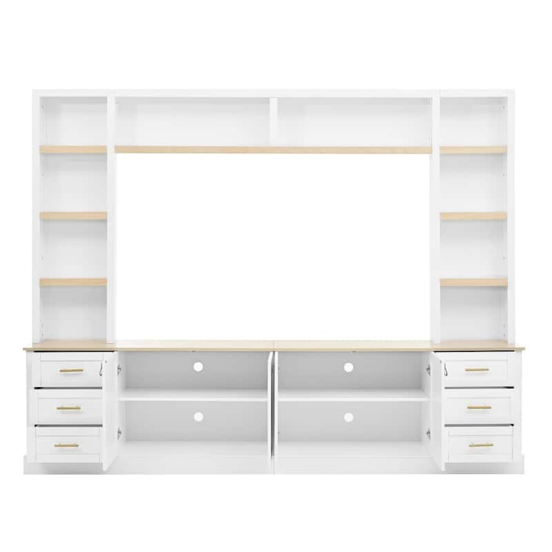 102.3" Farmhouse 4-Piece Entertainment Center Wall Unit with Adjustable Shelves,6 Drawers