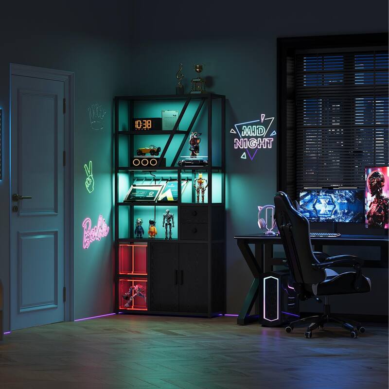 Wine Bar Cabinet with LED Lights, Tall Coffee Bar Station with Power Outlets and Wine Rack