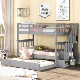 Roomfitters Stairway Twin-Over-Twin Bunk Bed with Twin Trundle, Sturdy Wooden Frame, Built-in Steps, Safety Guardrails