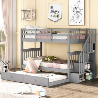 Twin Over Twin Bunk Bed with Trundle, Detachable Wood Triple Bedframe