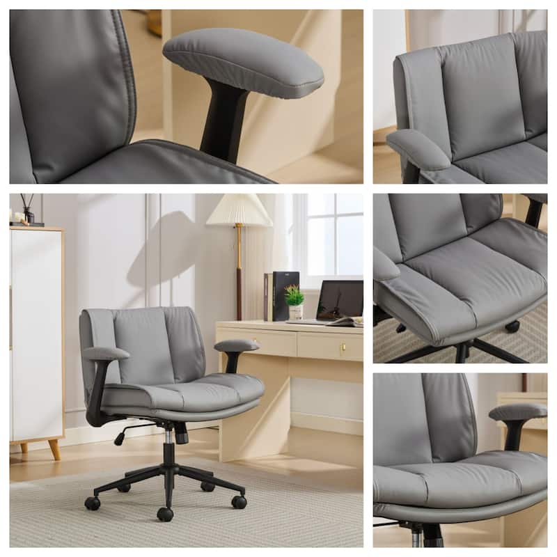 Cross Legged Office Chair on Wheels with Flip-Up Armrests Leather and Wide Seat