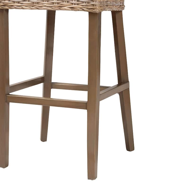 Magy Modern Bohemian Grey Kubu Rattan and Mahogany Wood Bar Stool