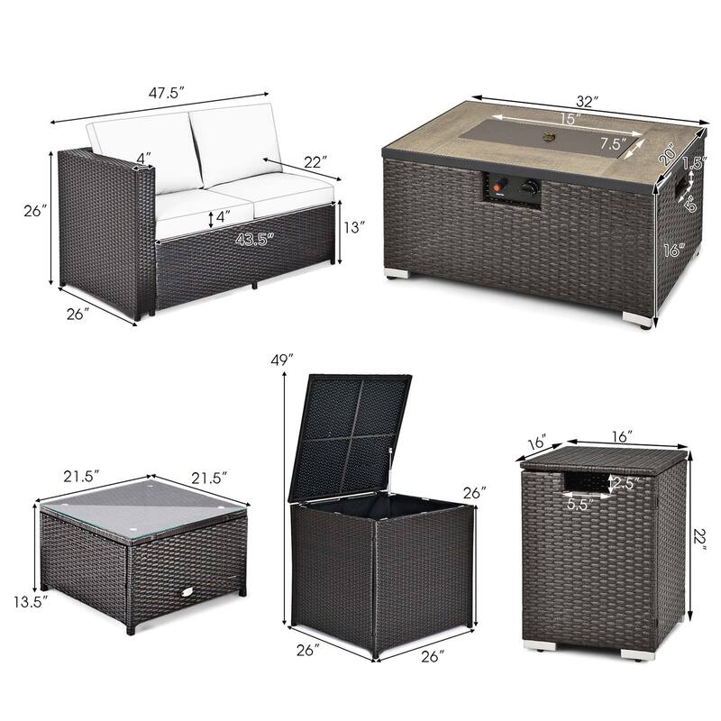 6PCS Patio Rattan Furniture Set 32'' Fire Pit Table Tank Holder Cover