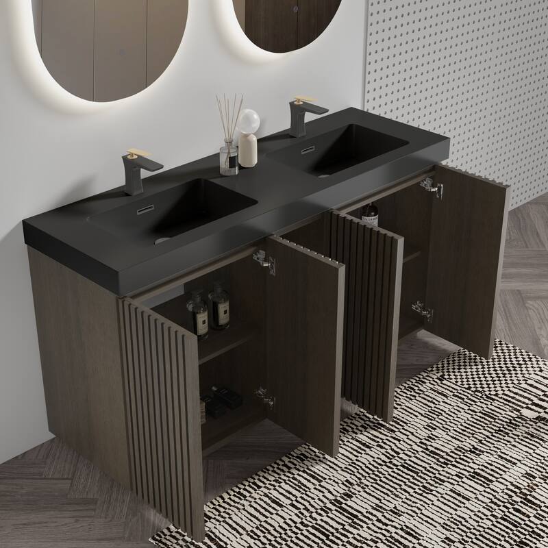 GDFStudio - Galan 60" Freestanding Bathroom Vanity with Quartz Sink, Solf Close Doors, Open Storage Shelf, NO Drain & Faucet