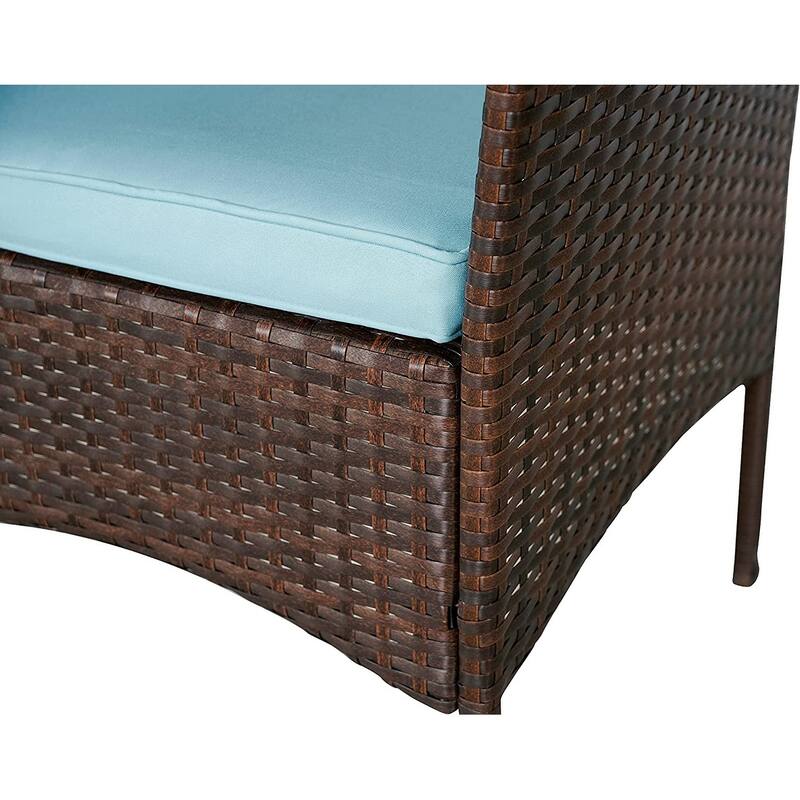 BTEXPERT 2 Glass Brown/Aqua Blue Outdoor Wicker Conversation 3 Piece Bistro Set Garden FurnitureCushions Side Storage Table