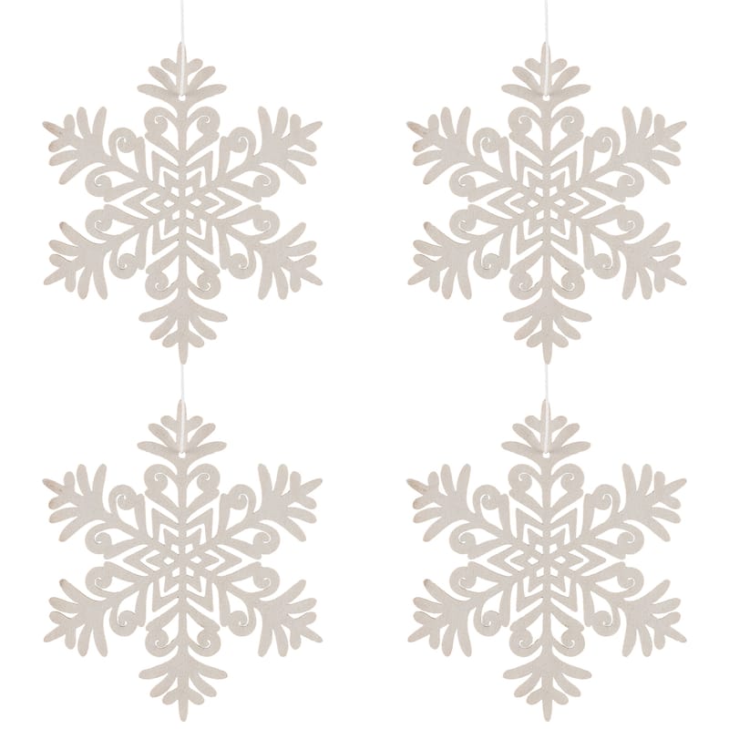 Snowflake Shaped Wooden Cut-Out Christmas Ornaments - 4.75" - White - Set of 4
