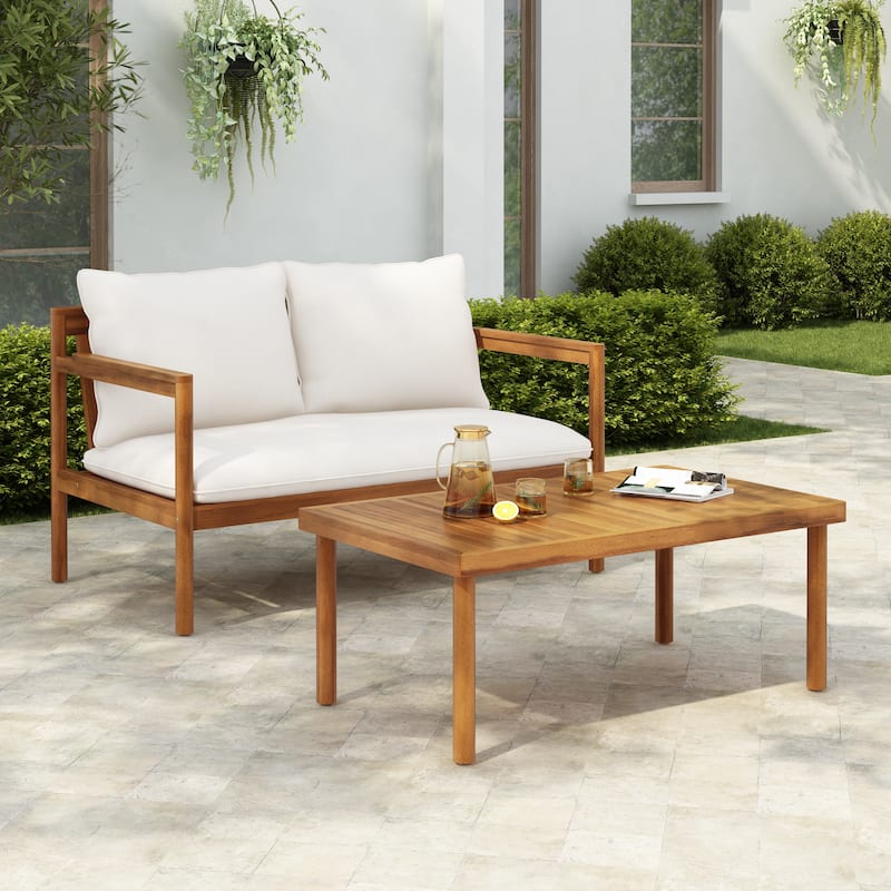 Christopher Knight Home- Elk Acacia Wood Outdoor Chat Set - 2 Piece - Teak+Cream