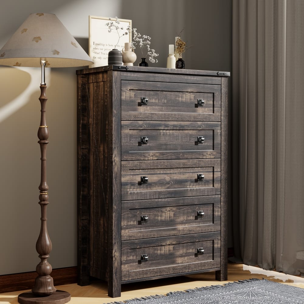 48" Tall Farmhouse 5 Drawer Wood Dresser, Chest of Drawers for Bedroom