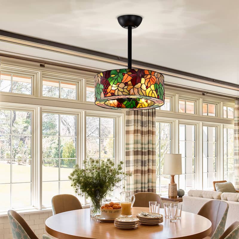 Ralfa 6-light Tiffany Glass Fandelier Lighted Ceiling Fan Floral and Berries Design Remote Control - Multi-Color