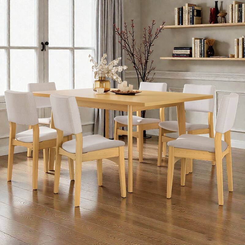 7-Piece Modern Dining Set with Solid Wood Table and Beige Upholstered Linen Chairs, Space-Saving Stackable Design
