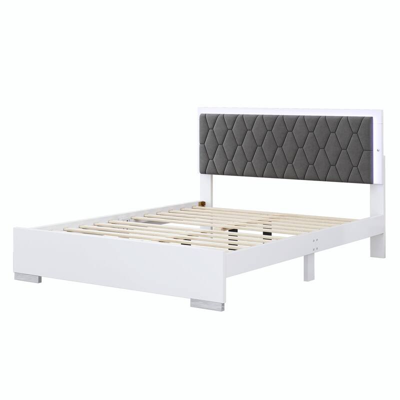 Queen Size Upholstered Bed with LED Lights, Modern Velvet Platform Bed