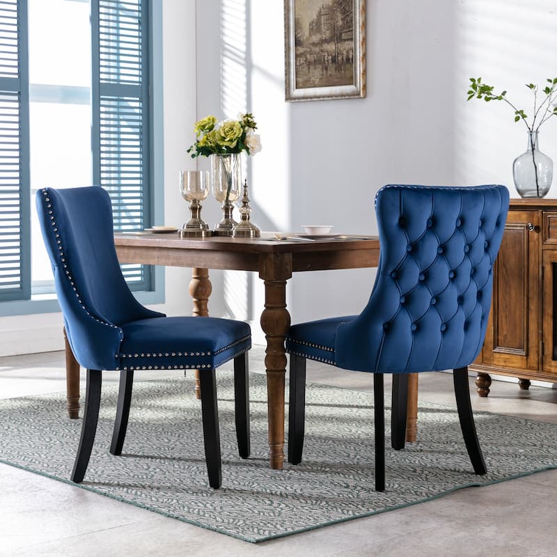 GDF Studio - Upholstered Wing-Back Wood Dining Chair Set with Backstitching Nailhead Trim (Set of 2) - Blue