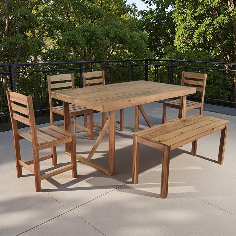 6-Piece Outdoor Patio Acacia Wood Dining Set with Rectangular Table, Benche, Chairs - Natural Wood