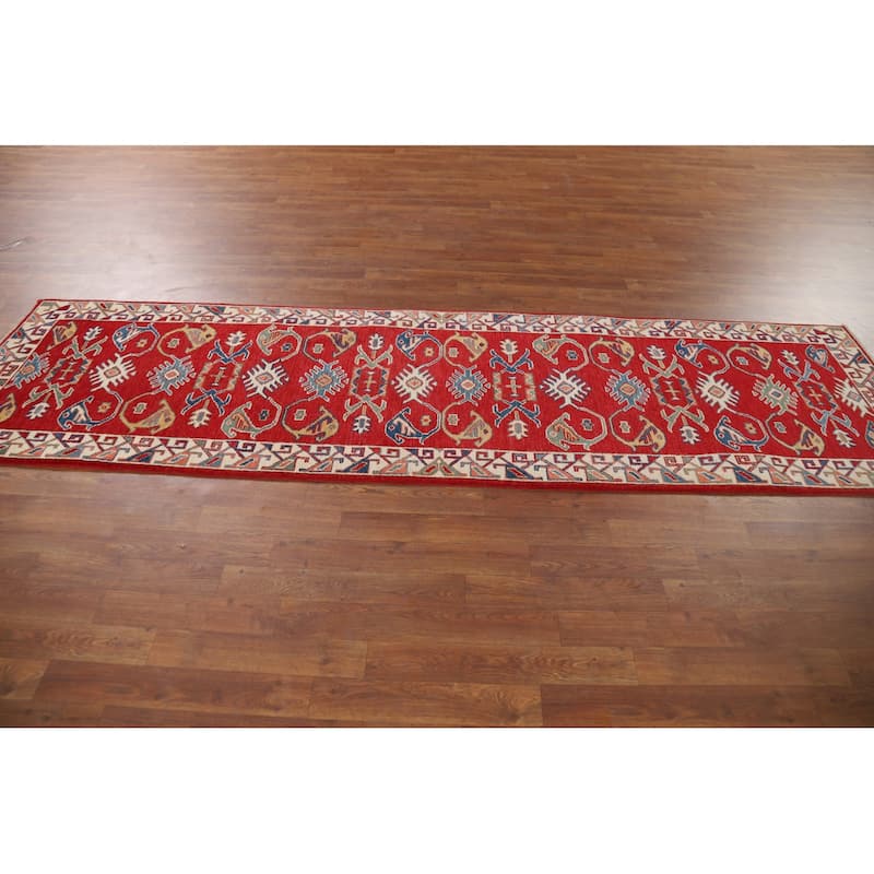 Red Geometric Kazak Oriental Runner Rug Handmade Wool Carpet - 2'7" x 9'8"