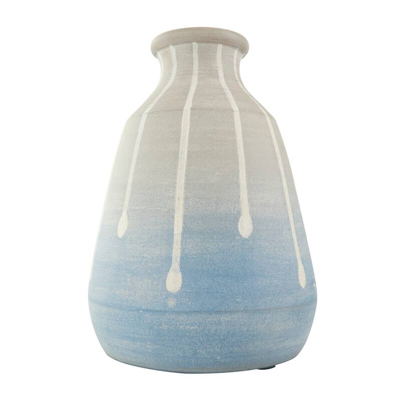 Blue Ceramic Abstract Ombre Drip Vase with Gray and White Accents