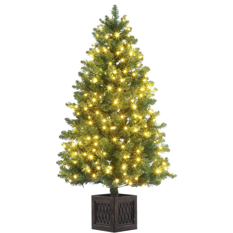 4.5FT Pre-Lit Christmas Tree Holiday Xmas Tree with Lighting Vintage Potted Base - Bamboo Pattern Base