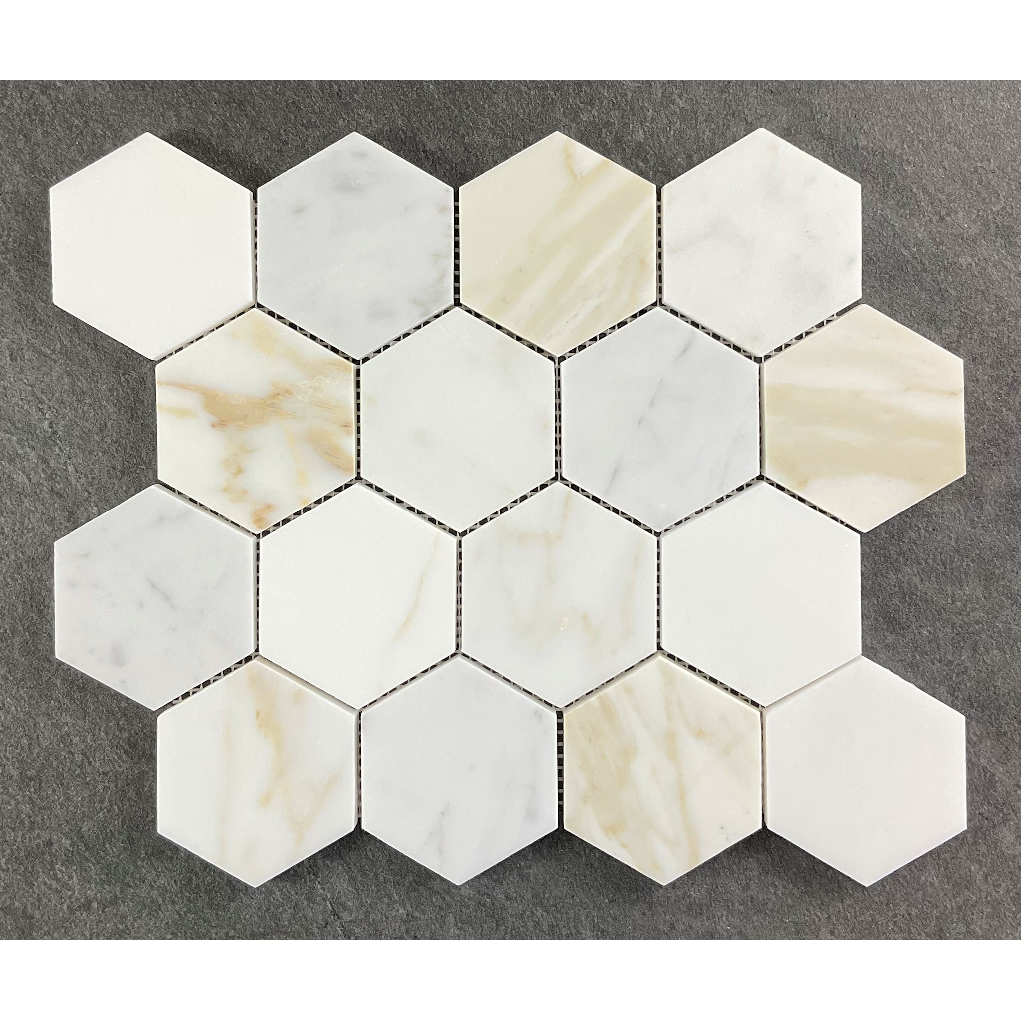 Calacatta Gold 3" Hexagon Marble Wall and Floor Mosaic - Case (10 Sheets)